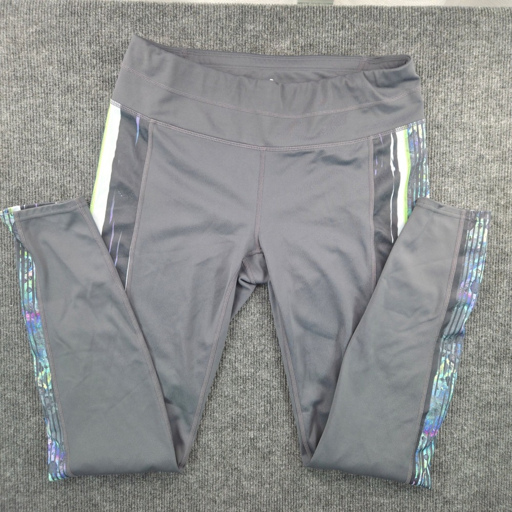 Athleta Be Free Running Leggings Gray Iridescent Stripe Back Zip Pocket Medium